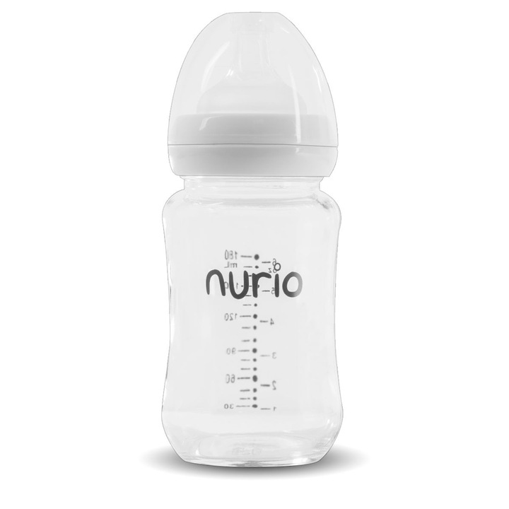 Biberon Nurio, sticla borosilicata, 180 ml, tetina flux lent, set complet