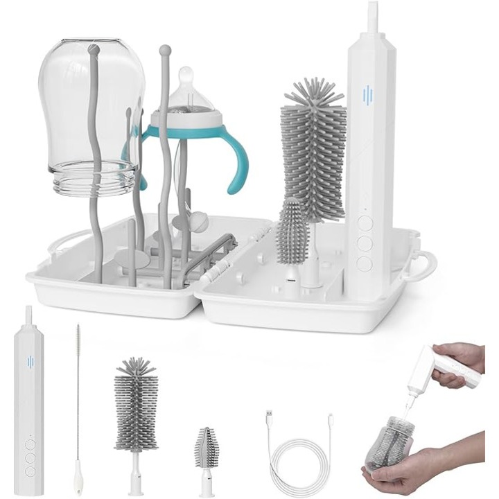 Excitat® Perie Electrica Portabila Pliabila Wireless Butelii de Lapte - 3 Trepte Viteza, Perii Tetina/Pipete/Butelie, Stativ Scurgere, Silikon Alimentar, Ergonomic Maner Rombic, Curatare Fara Colturi Mort