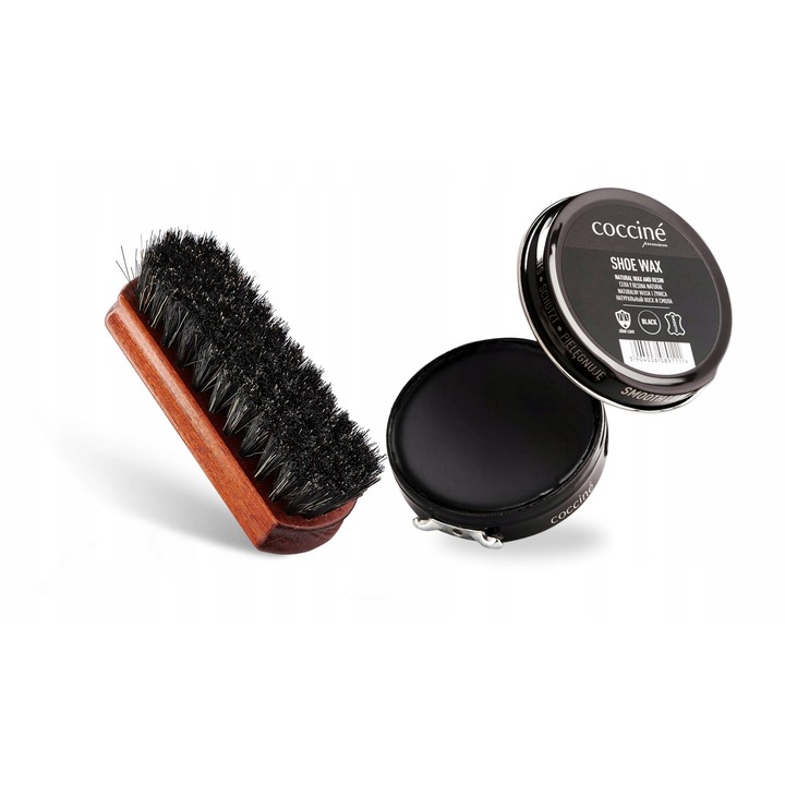 Set de ingrijire a incaltamintei, Coccine, ceara pentru incaltaminte, 40 ml, crema neagra pentru incaltaminte, perie de lustruit de 12 cm, hraneste pielea, protejeaza impotriva umezelii, prelungeste durata de viata a pielii, Multicolor, setul include: