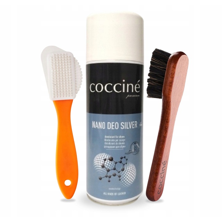Set de ingrijire a incaltamintei, Coccine, Deo Silver, 400 ml, deodorant pentru incaltaminte, perie din piele intoarsa si nubuc, perie cu varf de pasla, Multicolor, 3 piese intr-un set, material: lemn, par de cal, cauciuc, nailon, forma ergonomica