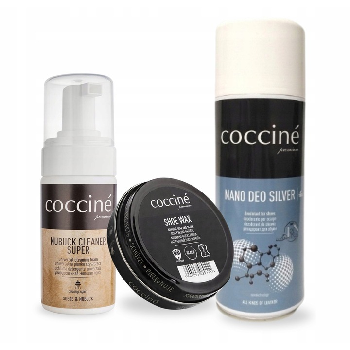 Set de ingrijire a incaltamintei, Coccine, 3 in 1, 100 ml spuma de curatare pentru nubuc, 400 ml deodorant nano deo silver, 40 ml crema de pantofi neagra, Multicolor, Setul include: spuma de curatare, deodorant, pasta, Material: spuma, deodorant, pasta
