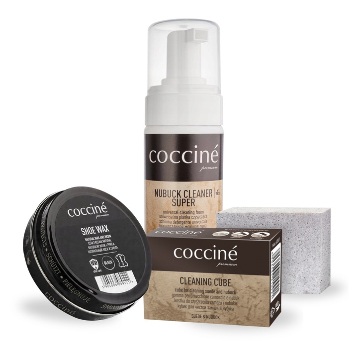 Solutie de curatat incaltaminte, Coccine, set 3 in 1, spuma de curatat 100 ml, radiera de curatat, crema de pantofi neagra 40 ml, multicolora, set 3 piese, material sintetic, indeparteaza eficient petele, reda un aspect proaspat, usor si rapid de