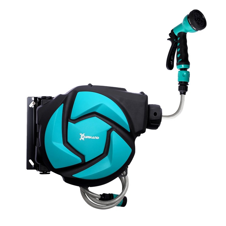 Kihúzható tömlő, tartós műanyag, 28x14x34cm, automatikus feltekerő mechanizmus, beépített zárrendszer