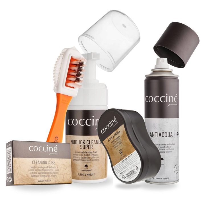 Kit de curatare si impregnare pentru incaltaminte din piele intoarsa, Coccine, 5-in-1, 100 ml, 150 ml, Perie pentru piele intoarsa, Spuma de curatare, Radiera de curatare, Solutie de curatare pentru piele intoarsa, Impregnare, Multicolor, Setul include:
