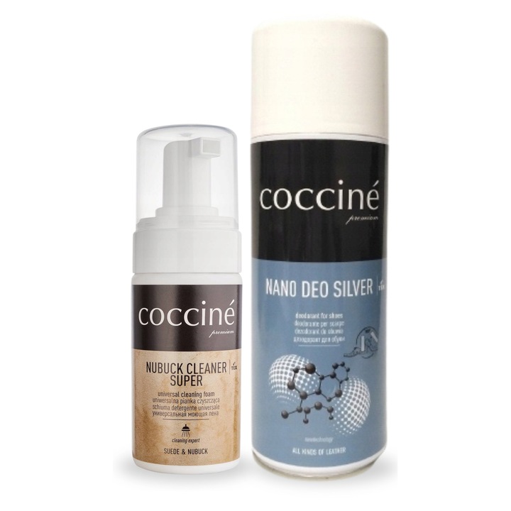 Kit de curatare pentru piele intoarsa si nubuc, Coccine, detergent spumant 100 ml, deodorant nano deo argint 400 ml, indepartare eficienta a petelor, improspatare a incaltamintei, usor de utilizat, utilizare universala, multicolor, set de 2, material: