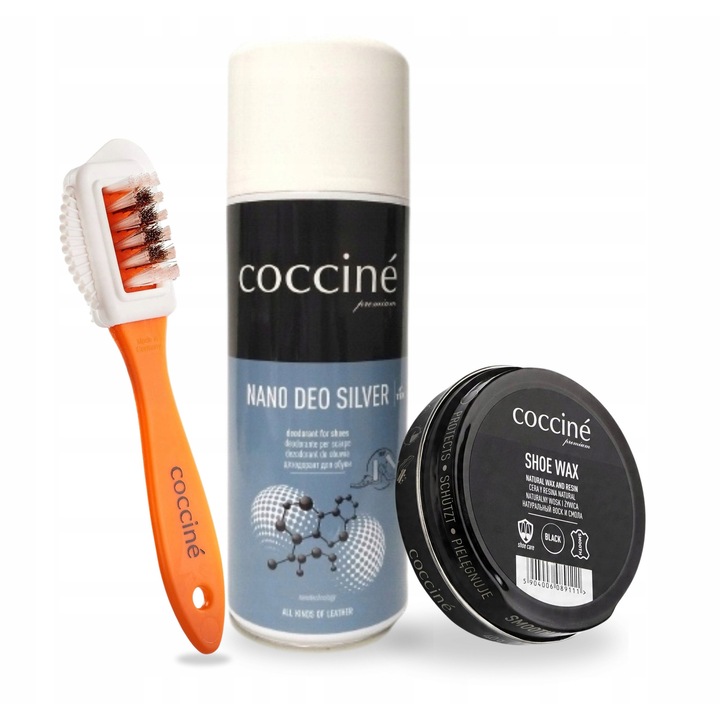 Set de ingrijire a incaltamintei, Coccine, Perie pentru piele intoarsa, 3 in 1, deodorant nano deo argintiu 400 ml, crema de pantofi neagra 40 ml, Multicolor, Setul include: perie pentru piele intoarsa, deodorant pentru incaltaminte, crema de pantofi