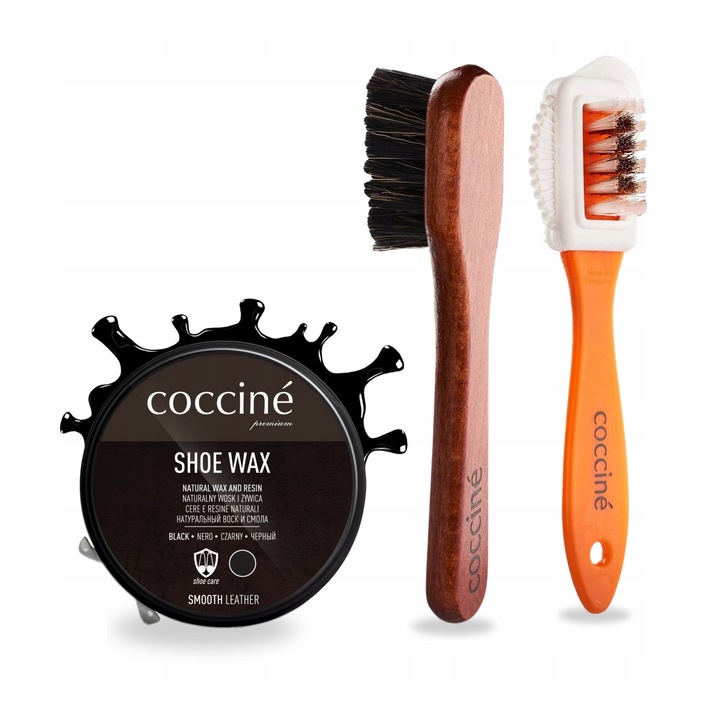 Set de ingrijire a incaltamintei, Coccine, lustruire cu ceara neagra, 40 ml, perie pentru piele intoarsa si nubuc, perie cu varf de fetru, 3 piese, negru, setul include: perie pentru piele intoarsa si nubuc, perie cu varf de fetru, lustruire de