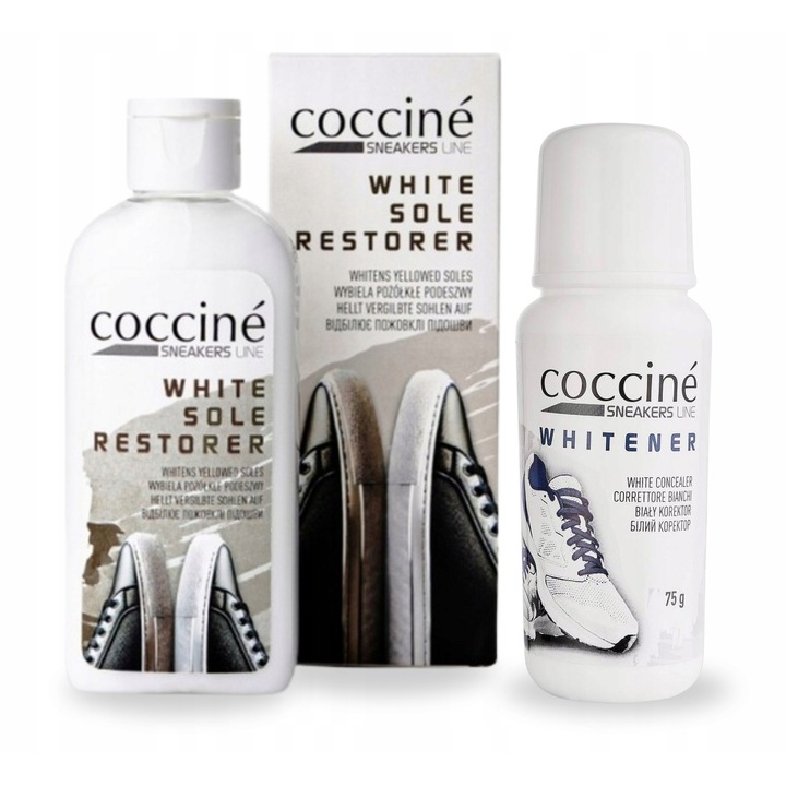 Set de ingrijire a incaltamintei, Coccine, 2 in 1, 150 ml, 75 g, lichid pentru albirea talpii, corector pentru pantofi sport, Multicolor, Setul include: lichid pentru albirea talpii 150 ml, corector pentru incaltaminte 75 g, Material: produs de
