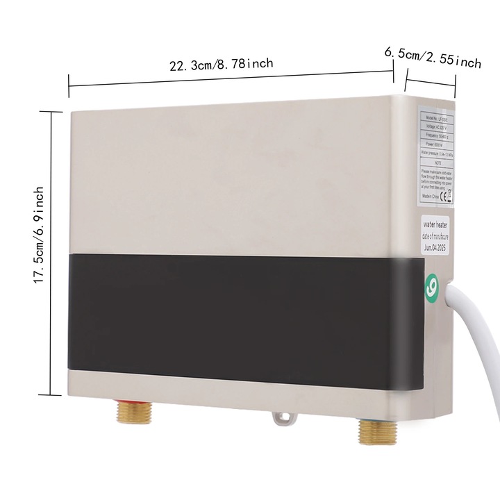 Elektromos átfolyós vízmelegítő, érintőképernyős vezérlés, vízálló kivitel, arany, 22.3x6.5x17.5cm, 220V