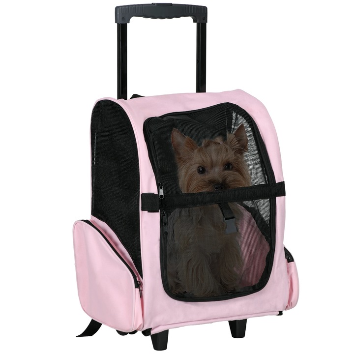 Geanta transport caini, 2 in 1 rucsac si carucior, 36×30×49 cm, Pentru caini de talie medie, Cadru metalic, Roz