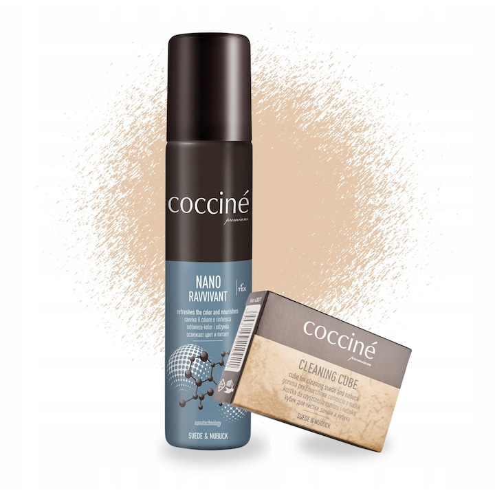 Set de ingrijire a incaltamintei, Coccine, Renovator de culoare bej, 75 ml, Radiera pentru piele intoarsa, Reimprospateaza culoarea, Protectie piele, Sigur pentru membrane, Calitate inalta, Utilizare universala, Bej, Set 2 in 1, Material: spray si