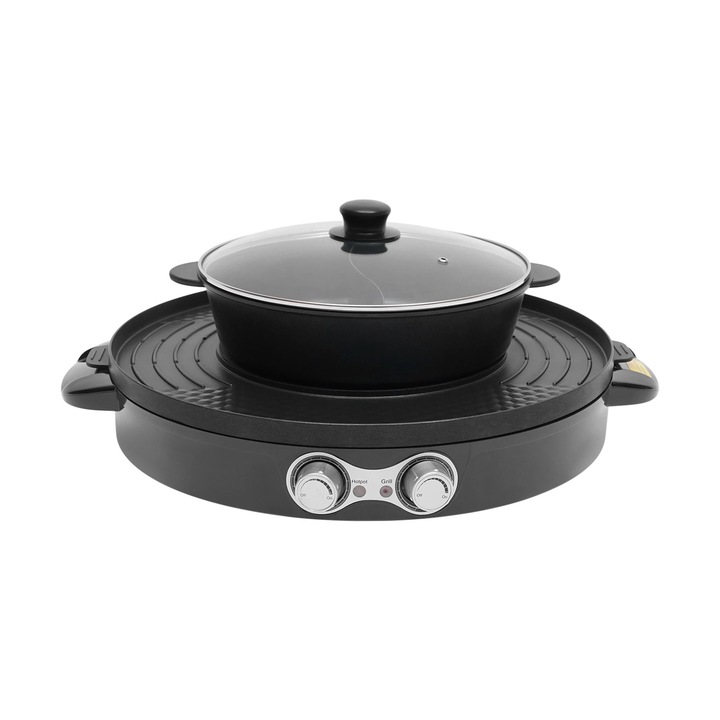 Oală electrică hot pot cu grill, 2-in-1, 2200 W, antiaderent, negru, 44x18.5cm