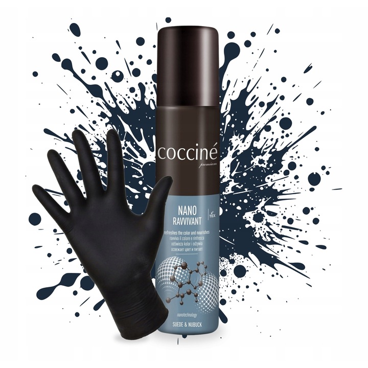 Vopsea pentru incaltaminte, Coccine, restaurator de culoare, 75 ml, restaurare intensiva a culorii, protectie datorita tehnologiei nano protector, utilizare versatila, eficienta si confort la utilizare, culoare bleumarin, setul include manusi de nitril