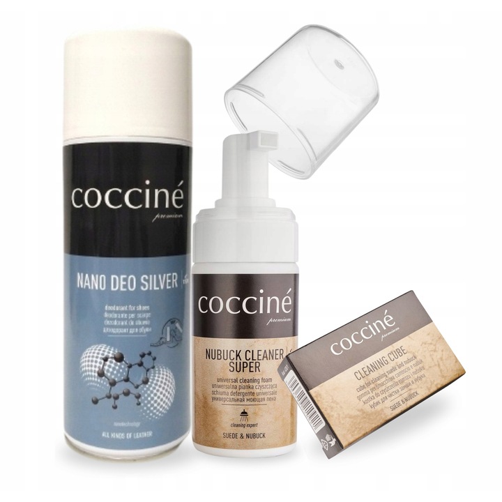 Kit de curatare pentru piele intoarsa si nubuc, Coccine, radiera si solutie de curatare cu deodorant, spuma 100 ml, deodorant 400 ml, indepartare eficienta a petelor, reimprospatare a incaltamintei, utilizare universala, multicolor, set 3 in 1, material: