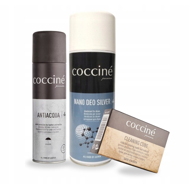 Set de ingrijire a incaltamintei, Coccine, solutie de curatat incaltaminte cu deodorant nano deo argint 400 ml si impregnator antiacqua 250 ml, 3 in 1, deodorant, impregnator, radiera de curatare, Multicolor, set de 3 piese, material: diverse, protectie