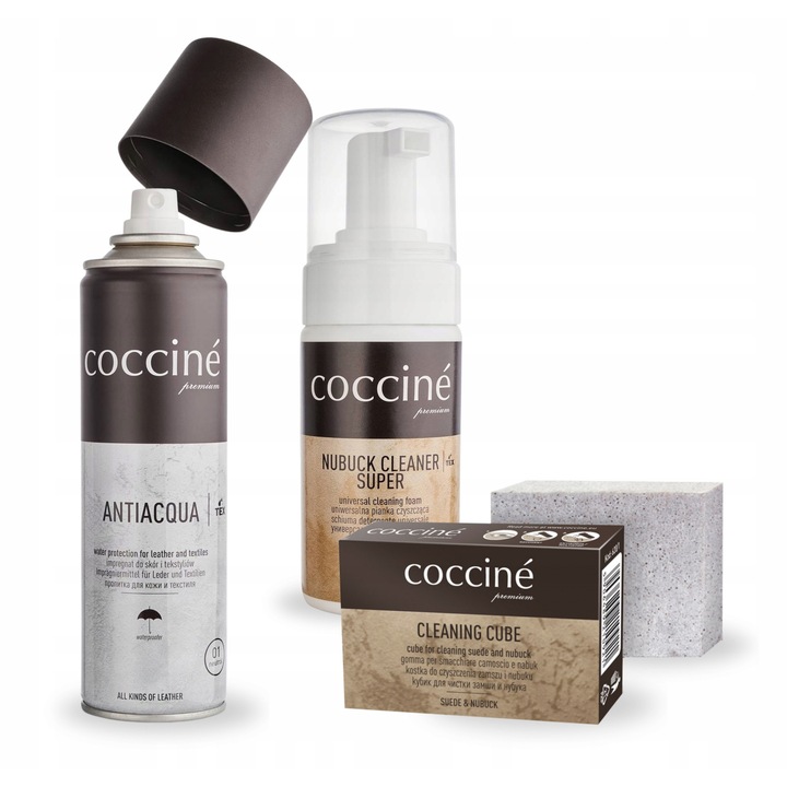 Kit de curatare a incaltamintei, Coccine, 3 in 1, 150 ml, spuma de curatare 100 ml, radiera de curatare, impregnare anti-acvatica 150 ml, multicolor, set de 3 piese, material sintetic, indeparteaza eficient petele, sigur pentru piele, usor de