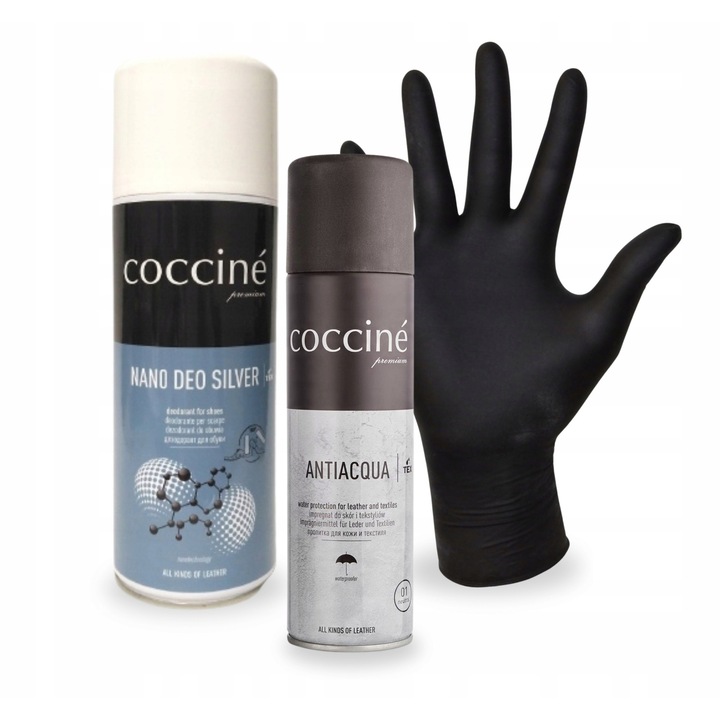 Kit ingrijire incaltaminte, Coccine, nano deodorant argintiu, 400 ml, impregnare antiacqua, 250 ml, manusi din nitril, universale, fara pudra, negre, 3 piese, nitril, protectie eficienta impotriva mirosurilor, formula antibacteriana, bariera