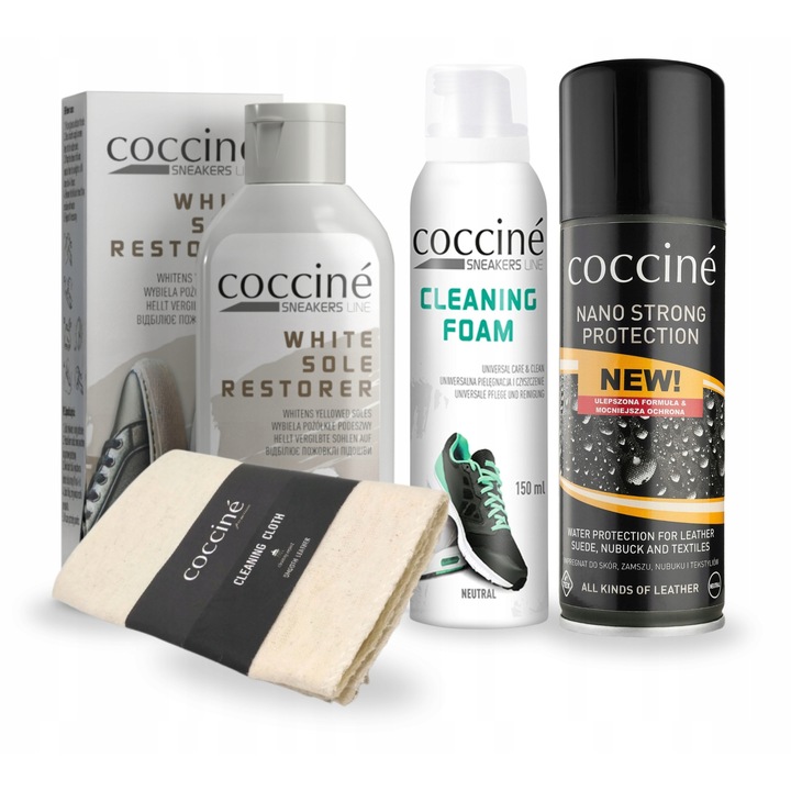 Kit de curatare pantofi sport, Coccine, 4 in 1, 150 ml, 230 ml, spuma de curatare, impregnare, reparator talpa alba, laveta din bumbac, Multicolor, Setul include: 1x reparator talpa alba 150 ml, 1x spuma de curatare 150 ml, 1x laveta din bumbac, 1x
