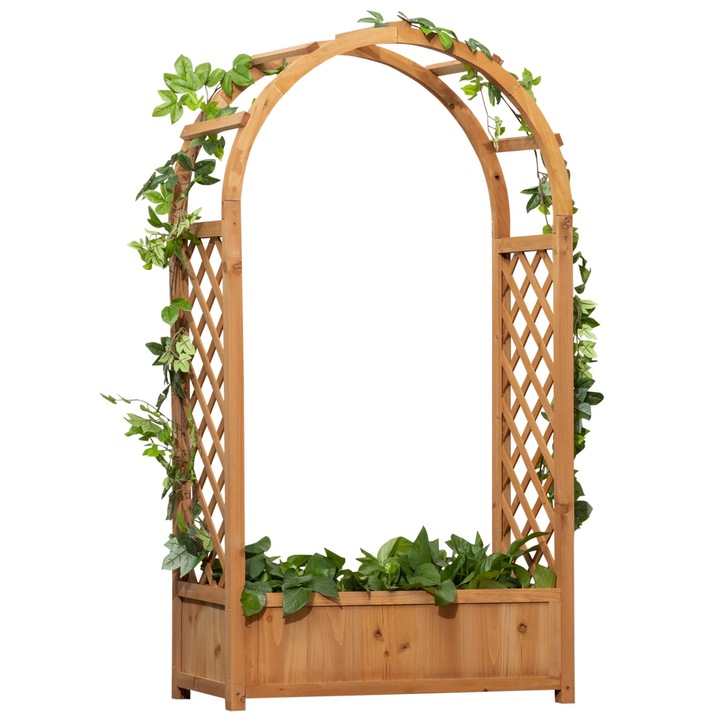 Jardiniera cu spalier, Arc, Lemn de brad, Pentru plante cataratoare, Dimensiuni 83 x 36 x 152 cm, Lemn natur