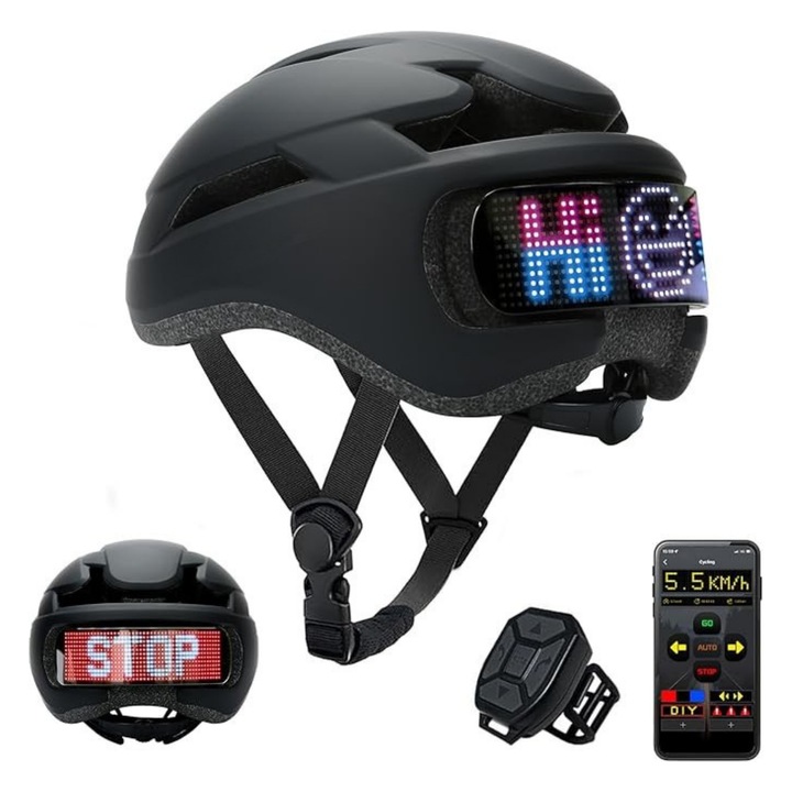 Casca de protectie bicicleta, inteligenta, programabila prin aplicatie cu afisaj LED si semnale de directie, pentru adulti si adolescenti, cu telecomanda wireless, captuseala EPS, dimensiune reglabila, 8 canale de ventilatie, usoara, negru, FilSAB