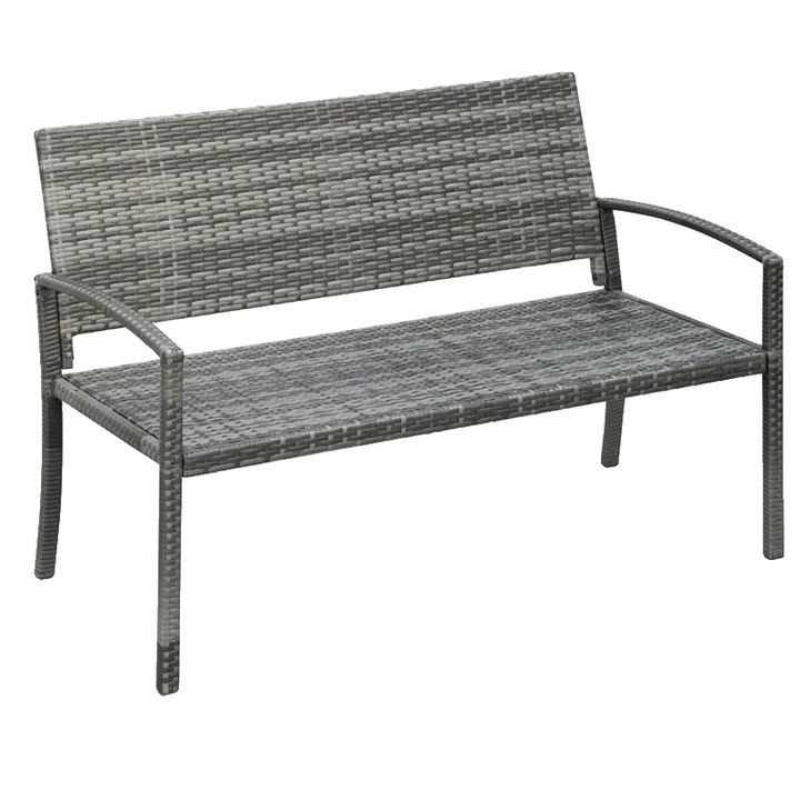 Градинска пейка, ратанов дизайн, стоманена рамка, сива, капацитет 320 кг, компактни размери
