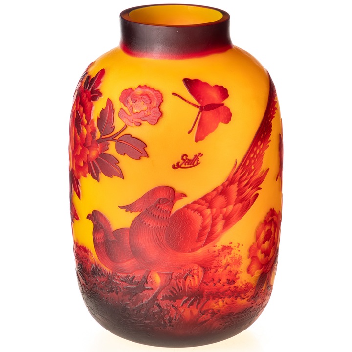 Vaza din sticla cameo lucrata manual, decor floral, in stil Gallé