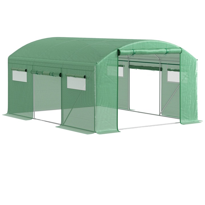 Sera pentru gradina, design ventilat, verde, 397x300x200cm, 6 feronerie de plasa, 3 usi rulante