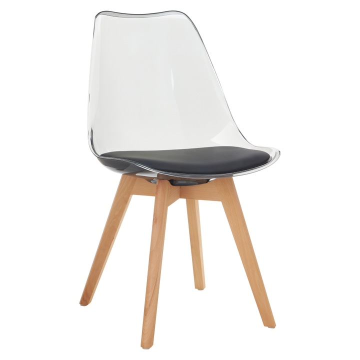 Scaun negru cu spatar transparent acrilat, cu sezut moale piele eco, picioare din lemn, culoare fag, design modern, 48x53x82 cm