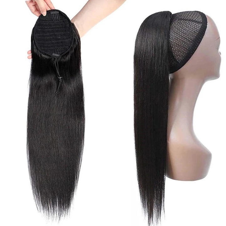 Extensie de par tip coada, Negru, 66 cm, prindere pe coc, par lung, drept, Animis Beauty ®