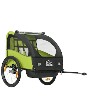 Remorca pentru bicicleta pentru copii, 2 locuri, constructie metalica, verde, 140x88x90 cm