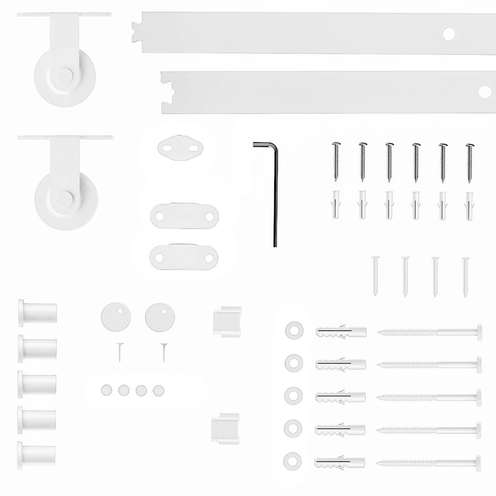 Set feronerie pentru usa culisanta, Kit accesorii, Lungime totala 200 cm, 2 sine, Ghidaj de podea, Pentru montaj, Alb