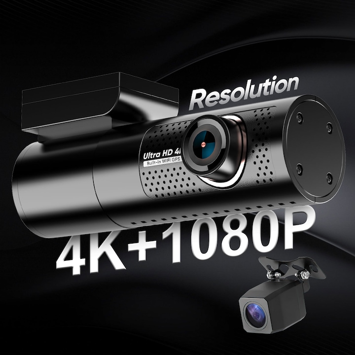 Autós kamera DVR, LSC, Kétoldalas elöl-hátul, 4K Ultra HD + 1080P, Éjjellátó, Wi-Fi, 170°-os nagylátószög, 256GB támogatás, G-szenzor, Telefonos alkalmazás, Hurokfelvétel, CE minősítés