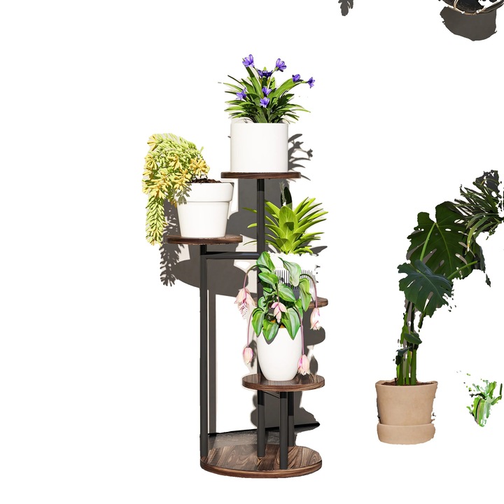 Suport pentru plante, 43x43x70cm, structura din otel vopsit, lemn de brad, diametru baza 31cm, set de rafturi