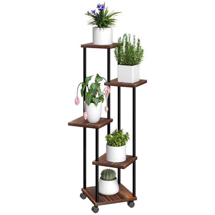 Suport plante, Etajera pentru flori, 5 niveluri, Metal, 59 x 59 x 110 cm, XL, Maro