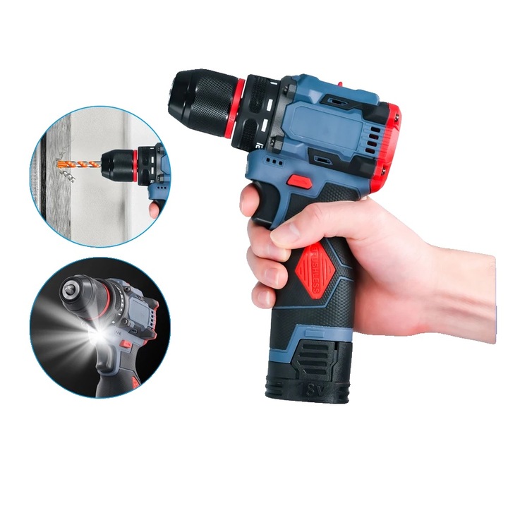 Masina de gaurit si insurubat fara fir, 16.8V, viteza maxima 2000 RPM, design usor, dimensiuni 11.5x8.5x3.5 inch