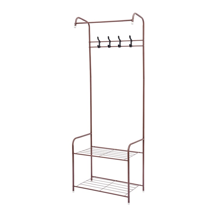 Cuier Stativ, Suport Haine De Sine Statator, Doua Rafturi, Patru Carlige, Metal, Dimensiuni 57×30×165 cm, Capacitate cca 15 kg, Cafeniu