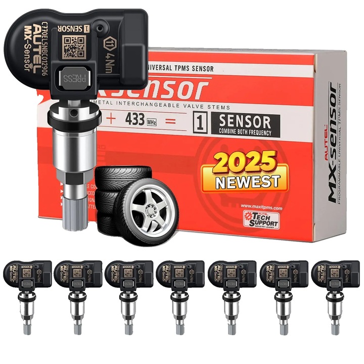Set 8 senzori TPMS, dual-frecventa 315MHz & 433MHz, programabili, din aluminiu