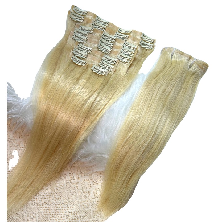 Extensii de par clip-in, 100% par uman, 613 blond, 24 inch, set 9 piese