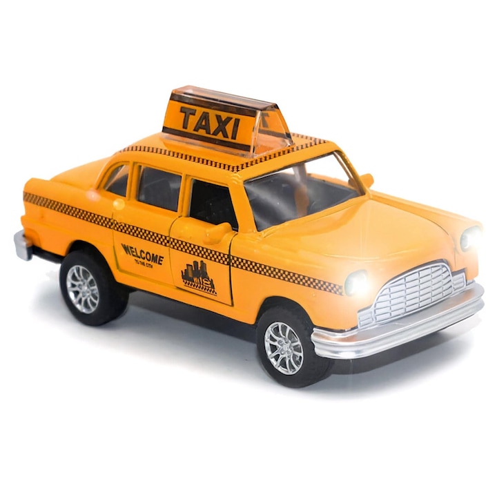 Masina metalica Taxi, clasic cu design vintage, 1:32, lumini si sunete, usi mobile, pentru copil, 4 ani+, OUYLAF, galben