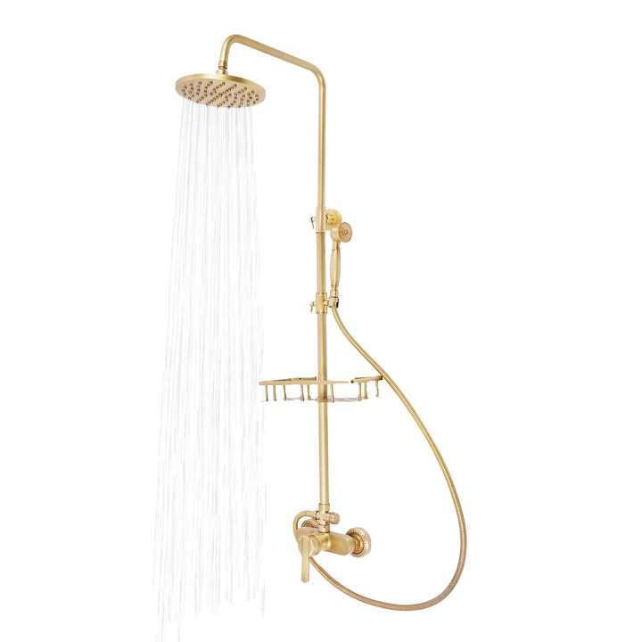 Coloana de dus, inaltime ajustabila 85-132 cm, dus de sus cu diametru 20 cm, set cu doua capete de dus, finisaj din alama vintage