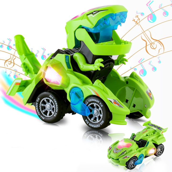 Interaktív dinoszaurusz teherautó, 2 az 1-ben, fényekkel és hangokkal, 4 év feletti gyermekeknek, Könnyen használható, OUYLAF, zöld