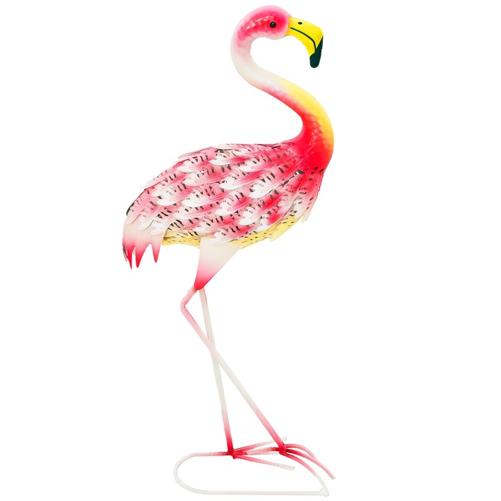 Flamingo din metal, Statuie de gradina, Pentru exterior, Rezistent la intemperii, Autoportant, Multicolor