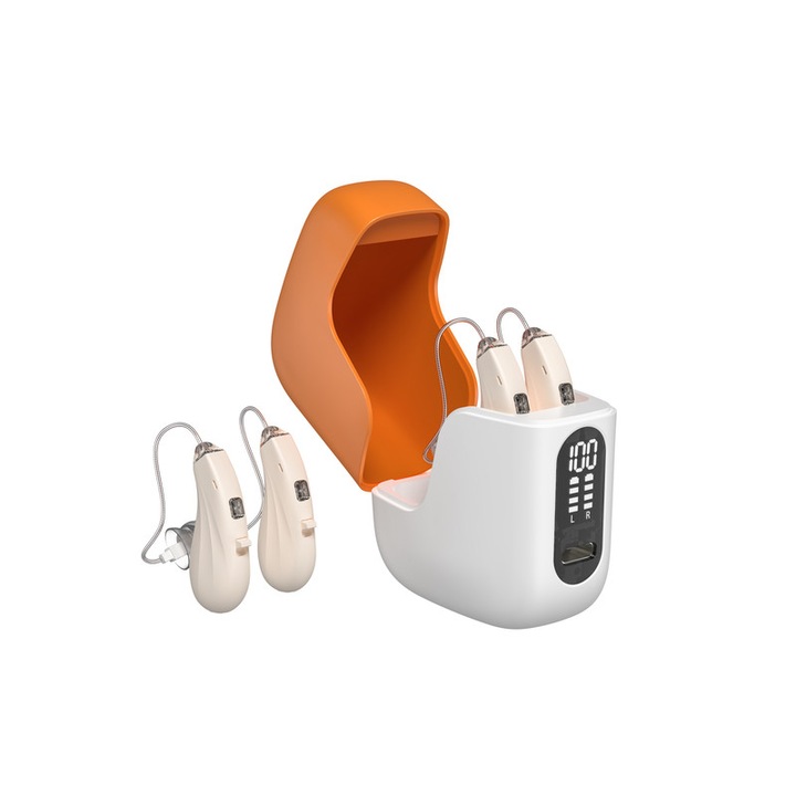 Aparatura auditiva digitala reincarcabila GM-304, 16 canale, tehnologie BTE RIC, Reducere zgomot, Afisaj digital cu baterie, 3 moduri de auz, Certificat CE si FDA, Alb/Portocaliu