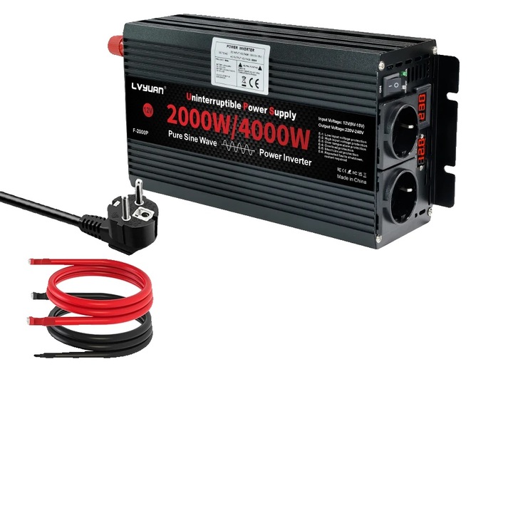 Invertor 2000W, 4000W varf, unda sinusoidala pura, 12V-220V EU 50Hz