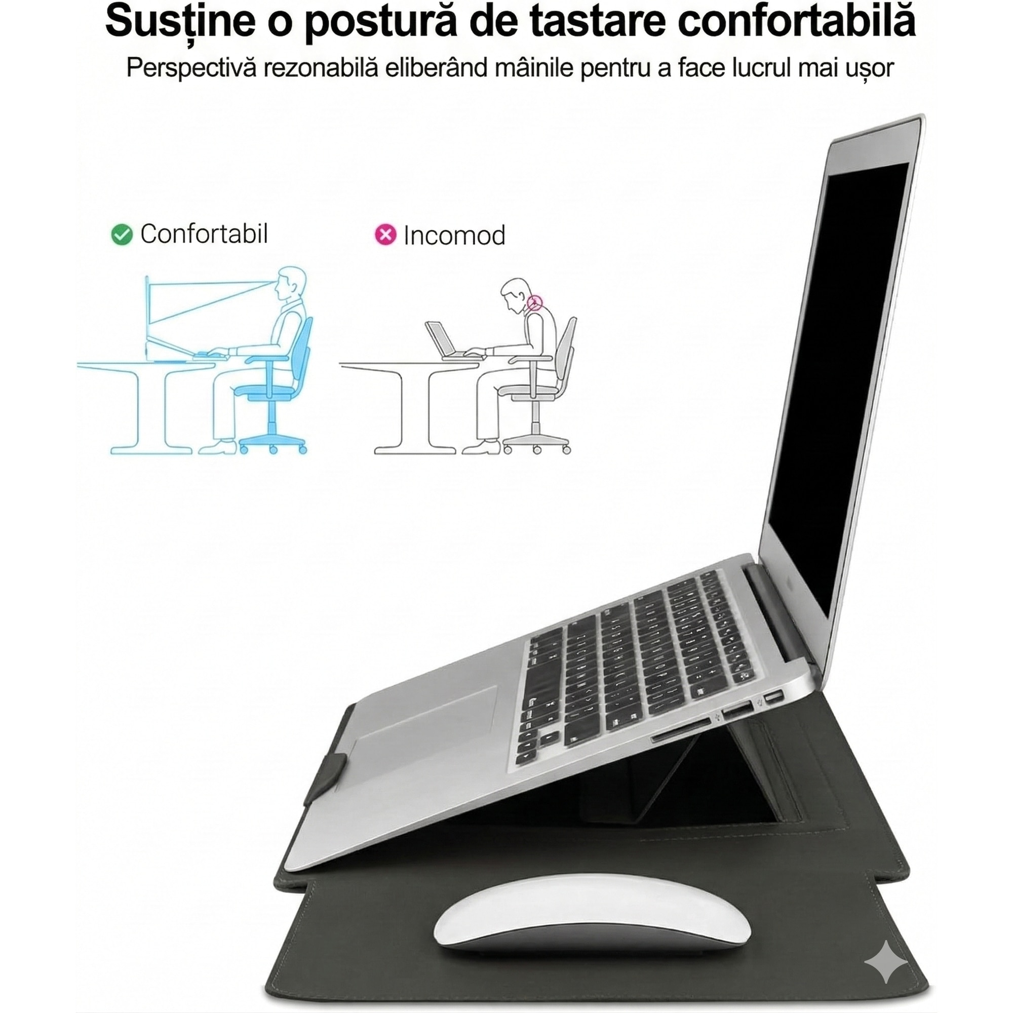 Husa Laptop 4 in 1 OIMG®, cu Suport Reglabil si Mousepad, Compatibila cu MacBook Air / Pro 13-14 inch, Piele Ecologica Premium, 34 x 25 cm, Marime Universala, Gri inchis