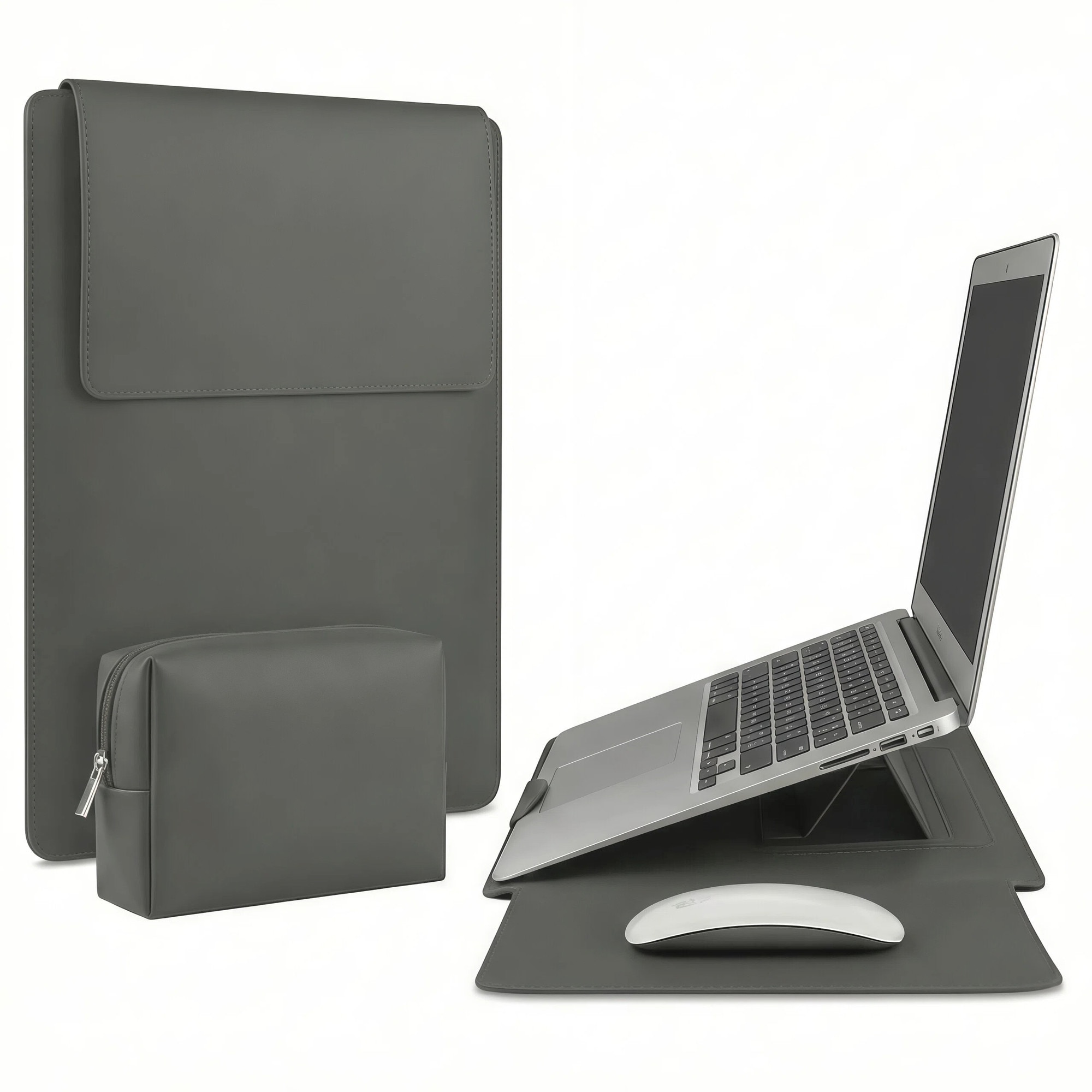 Husa Laptop 4 in 1 OIMG®, cu Suport Reglabil si Mousepad, Compatibila cu MacBook Air / Pro 13-14 inch, Piele Ecologica Premium, 34 x 25 cm, Marime Universala, Gri inchis