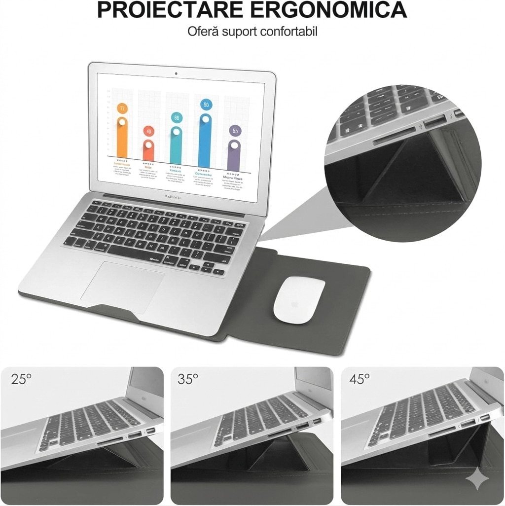 Husa Laptop 4 in 1 OIMG®, cu Suport Reglabil si Mousepad, Compatibila cu MacBook Air / Pro 13-14 inch, Piele Ecologica Premium, 34 x 25 cm, Marime Universala, Gri inchis