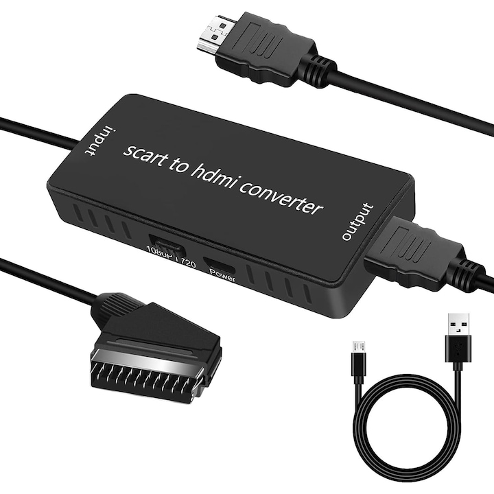 Adaptor SCART la HDMI, cu Cablu HDMI, 720p/1080p, cu Cablu USB, video si sunet audio, Plug and Play, compact, pentru HDTV, proiectoare, OUYLAF, negru