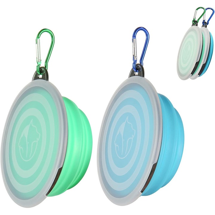 Bol pliabil cu capac, set de 2 boluri de calatorie pentru caini, bol portabil pliabil pentru apa pentru pisici si animale de companie, ideal pentru plimbare, parcare, camping (albastru deschis si verde, mic)