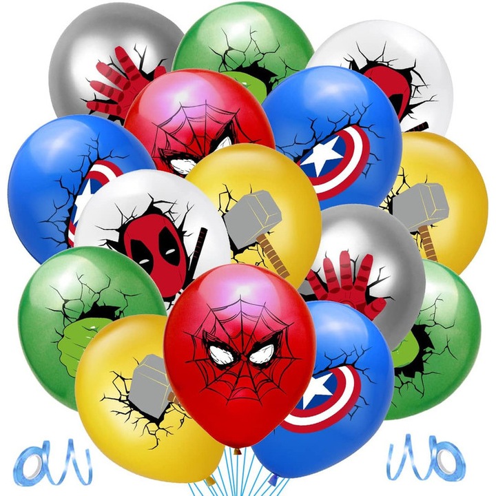 Комплект балони с геройски мотив - 40 броя, 8 уникални дизайна, многоцветни, стандартен размер